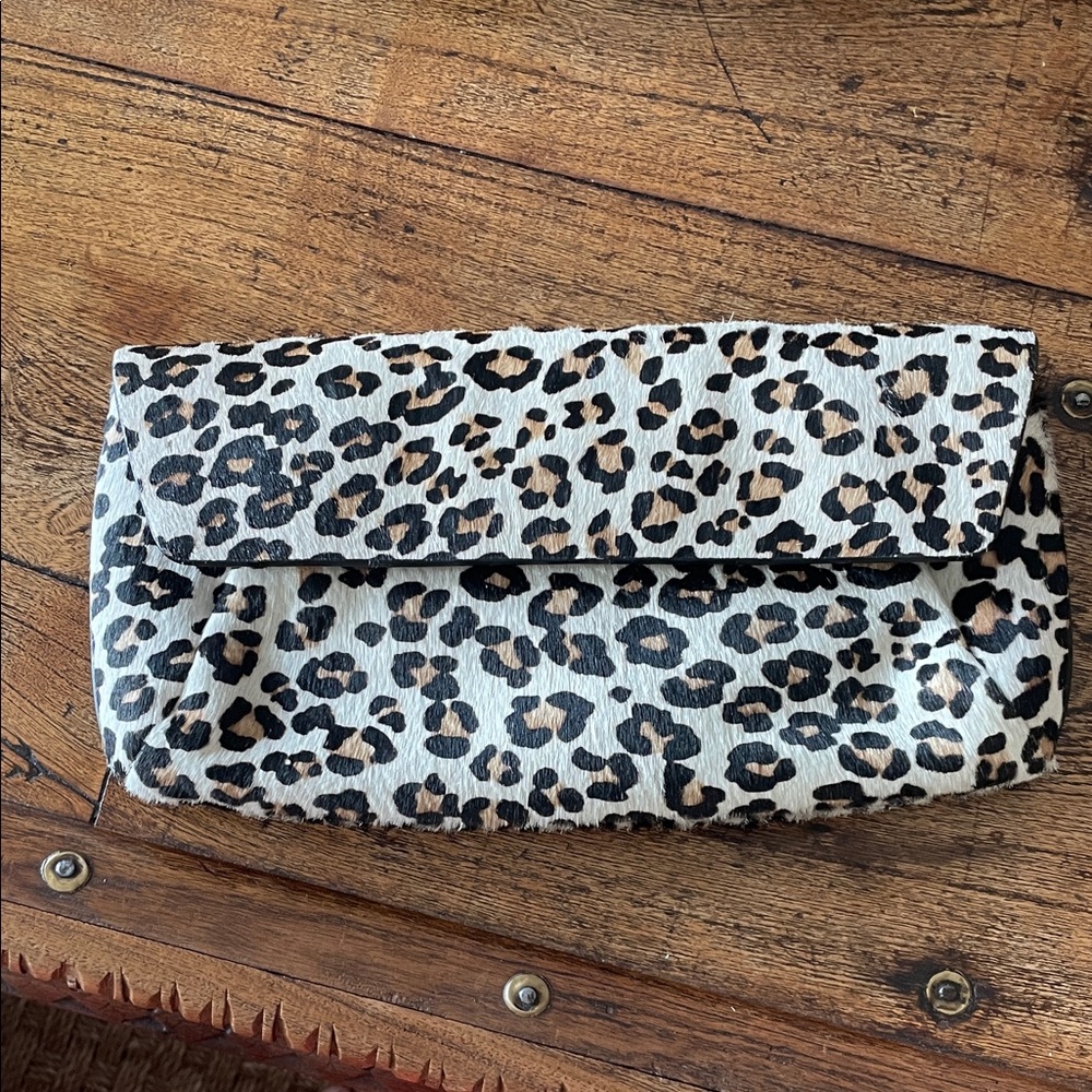 Ann Taylor Leopard Print Fold-Over Clutch - Cream, Tan, Black